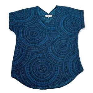 Pink Rose Green Semi Sheer Circular Pattern Short Sleeve Blouse Tunic. Size S